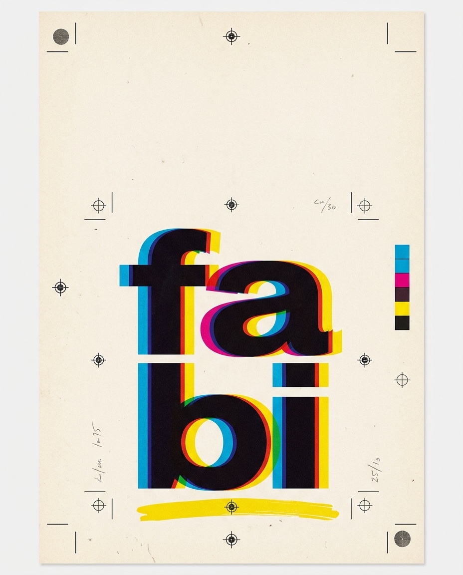Tall proof sheet: the stacked letters fa and bi in heavy black type with cyan, magenta and yellow misregistration ghosts, crop marks and a CMYK calibration bar